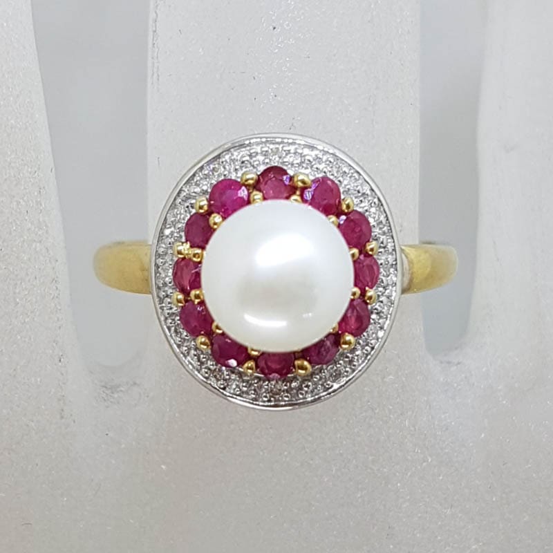 9ct Yellow Gold Natural Ruby, Pearl & Diamond Round Cluster Ring