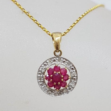 9ct Yellow Gold Natural Ruby and Diamond Floral Cluster Pendant on 9ct Chain