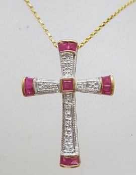 9ct Yellow Gold Natural Ruby & Diamond Cross / Crucifix Pendant on Gold Chain