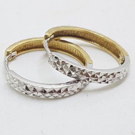 9ct Yellow Gold with White Gold - Two Tone - Patterned Hoop Earrings