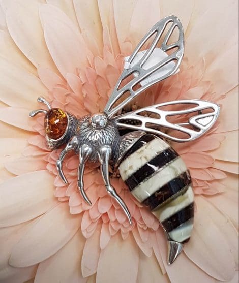 Sterling Silver and Amber Bee / Wasp Large Brooch