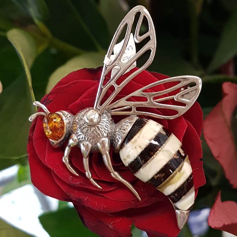 Sterling Silver and Amber Bee / Wasp Large Brooch
