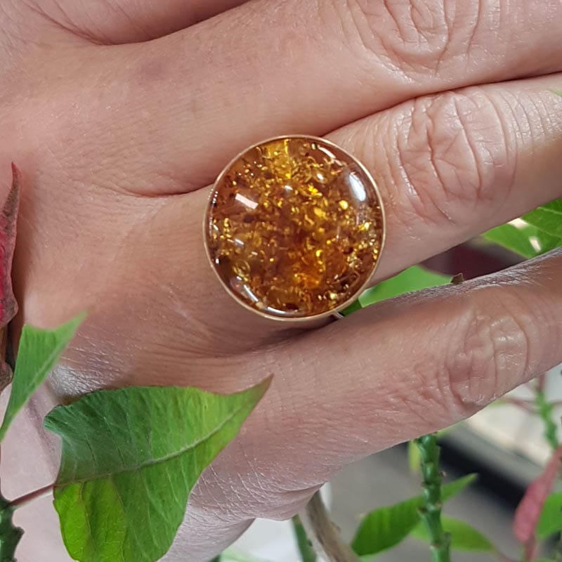 9ct Yellow Gold Large Round Natural Baltic Amber Ring