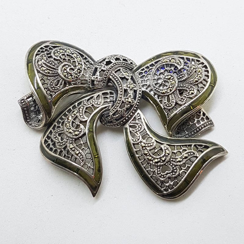 20210720_223323 Sterling Silver Large Green Enamel and Marcasite Ornate Design Bow Brooch