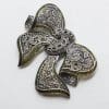 Sterling Silver Large Green Enamel and Marcasite Ornate Design Bow Brooch