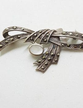 Sterling Silver Marcasite & Mother of Pearl Bow Brooch