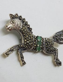 Sterling Silver Marcasite & Emerald Large Horse Brooch