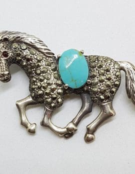 Sterling Silver Marcasite & Blue Large Horse Brooch