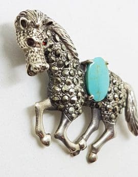 Sterling Silver Marcasite & Blue Large Horse Brooch