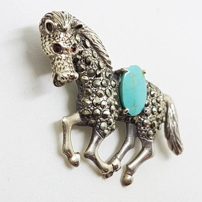Sterling Silver Marcasite & Blue Large Horse Brooch