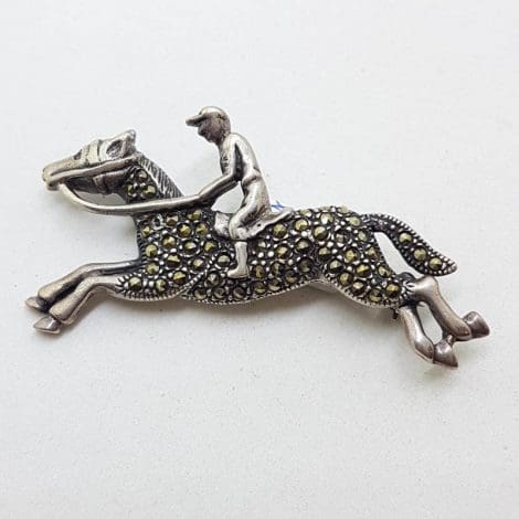 Sterling Silver Marcasite Horse Riding with Jockey Brooch - Racing