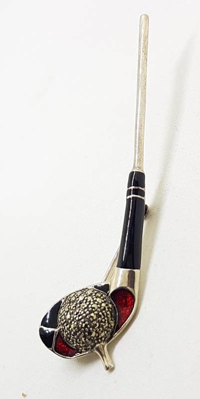 Sterling Silver Black and Red Enamel with Marcasite Golf Club Brooch
