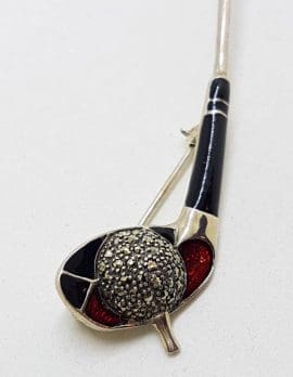 Sterling Silver Black and Red Enamel with Marcasite Golf Club Brooch