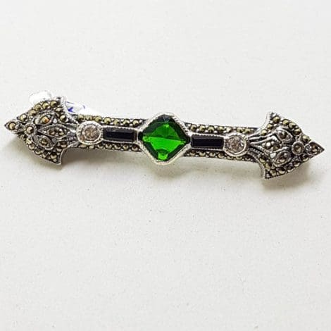 Sterling Silver Marcasite, Onyx, Cubic Zirconia and Green Art Deco Style Bar Brooch