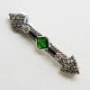 Sterling Silver Marcasite, Onyx, Cubic Zirconia and Green Art Deco Style Bar Brooch