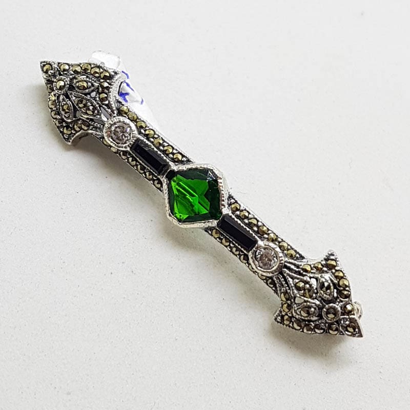 20210720_224620 Sterling Silver Marcasite, Onyx, Cubic Zirconia and Green Art Deco Style Bar Brooch