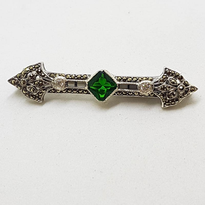 20210720_224714 Sterling Silver Marcasite, Cubic Zirconia and Green Art Deco Style Bar Brooch