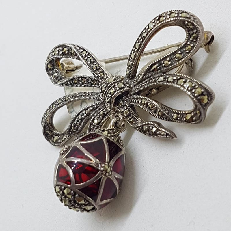 20210720_224735 Sterling Silver Marcasite and Red Enamel Egg Drop on Ornate Bow Enhancer Pendant / Brooch