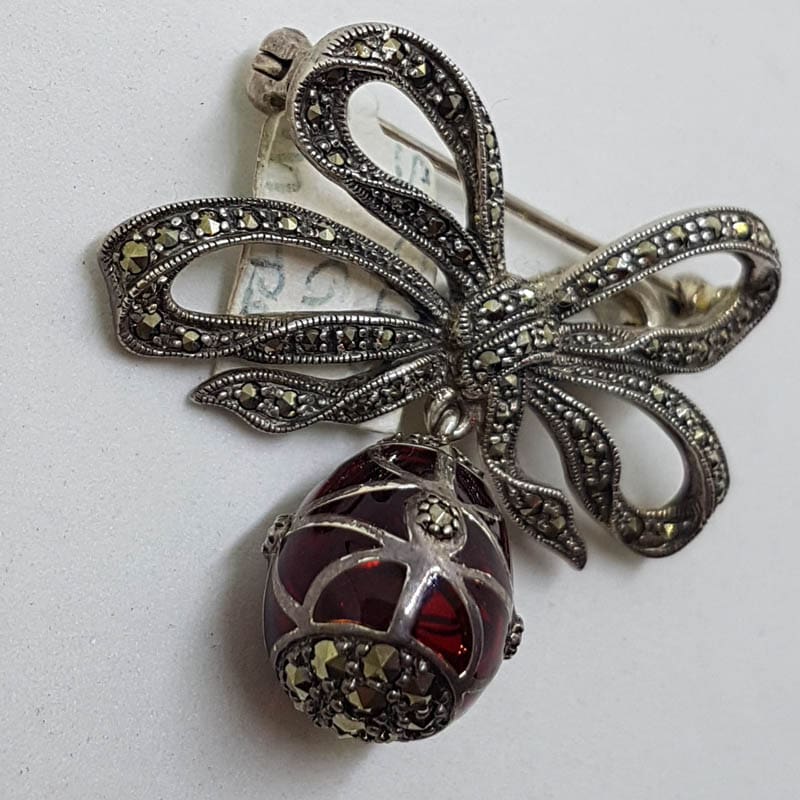 20210720_224807 Sterling Silver Marcasite and Red Enamel Egg Drop on Ornate Bow Enhancer Pendant / Brooch