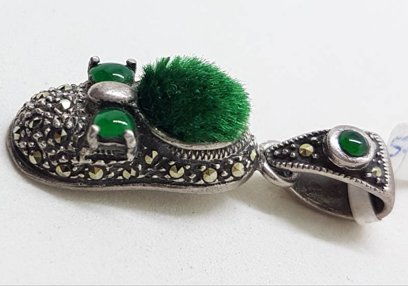 Sterling Silver Marcasite Green Pin Cushion Shoe Pendant / Charm