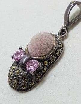 Sterling Silver Marcasite Pink Pin Cushion Shoe Pendant / Charm