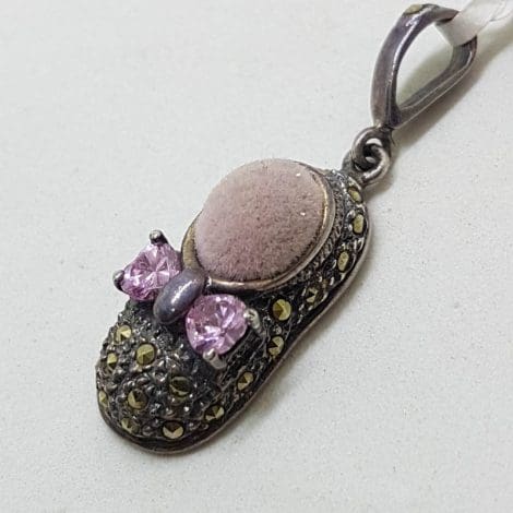 Sterling Silver Marcasite Pink Pin Cushion Shoe Pendant / Charm