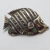 Sterling Silver Marcasite, Sapphire, Emerald & Ruby Fish Brooch