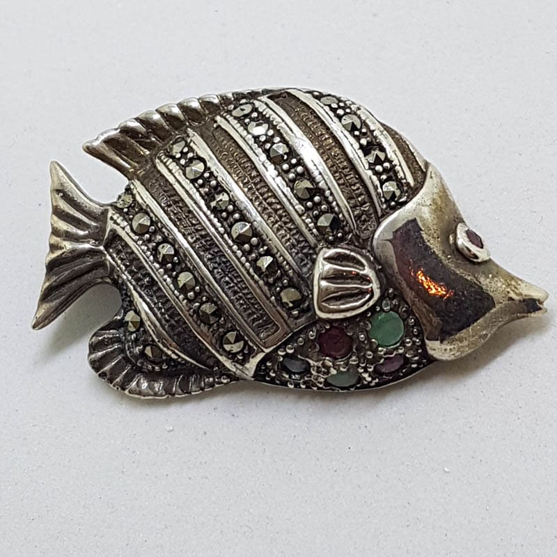 20210720_224952 Sterling Silver Marcasite, Sapphire, Emerald & Ruby Fish Brooch