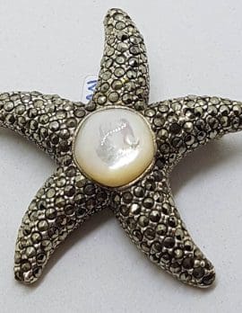 Sterling Silver Marcasite Large Mother of Pearl Starfish Brooch / Pendant