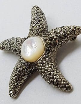 Sterling Silver Marcasite Large Mother of Pearl Starfish Brooch / Pendant