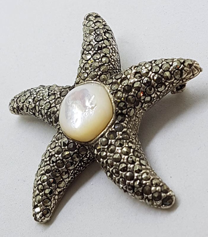 Sterling Silver Marcasite Large Mother of Pearl Starfish Brooch / Pendant