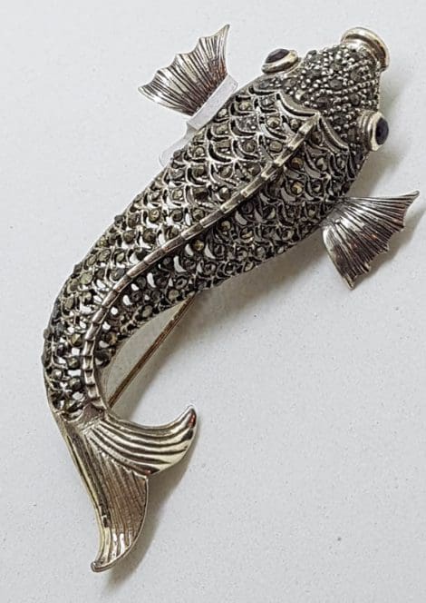 Sterling Silver Marcasite & Garnet Large Koi Fish Brooch