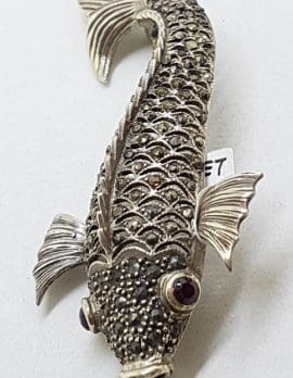 Sterling Silver Marcasite & Garnet Large Koi Fish Brooch