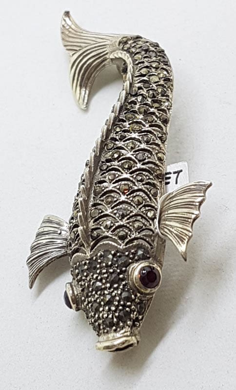Sterling Silver Marcasite & Garnet Large Koi Fish Brooch