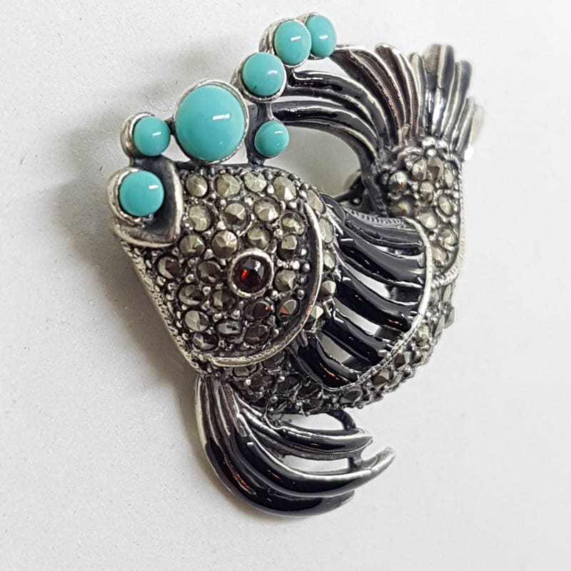 20210720_225359 Sterling Silver Marcasite, Blue & Black Large Fish Brooch