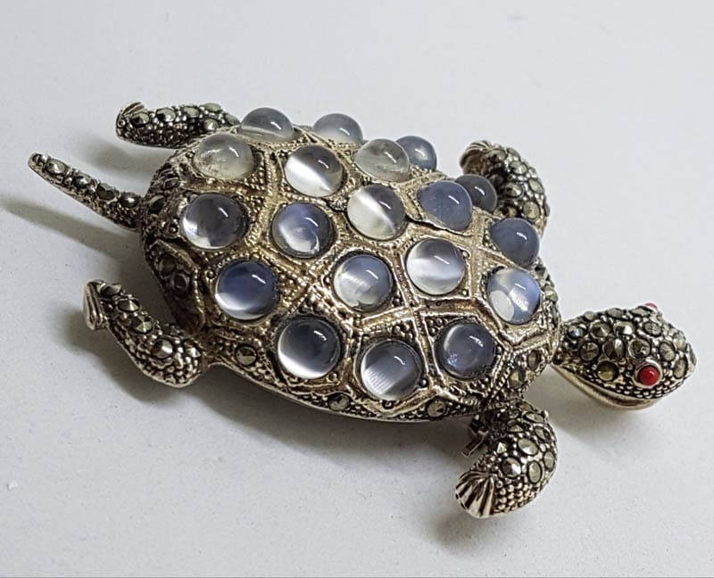 Sterling Silver Marcasite and Mother of Pearl Large Turtle Brooch