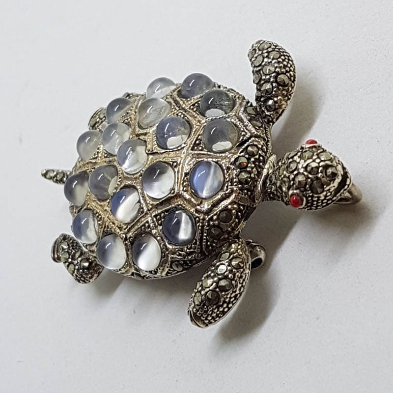 Sterling Silver Marcasite and Mother of Pearl Large Turtle Brooch