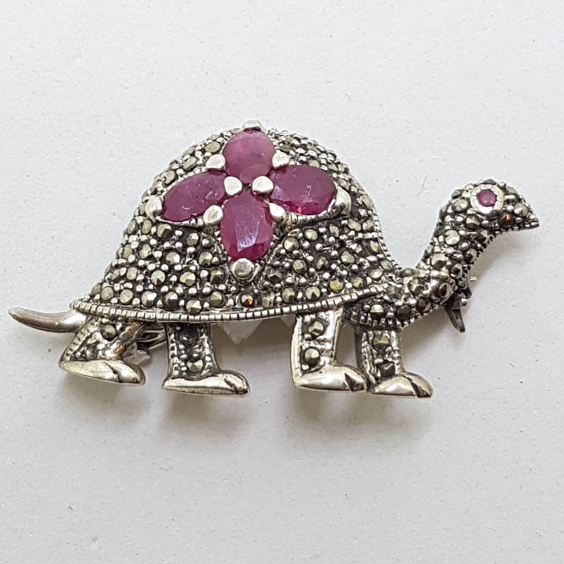 Sterling Silver Marcasite Ruby Turtle Brooch
