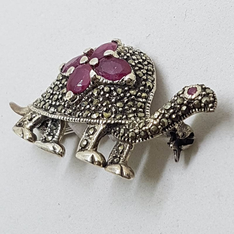 Sterling Silver Marcasite Ruby Turtle Brooch