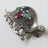 Sterling Silver Marcasite, Emerald, Ruby and Sapphire Turtle Brooch