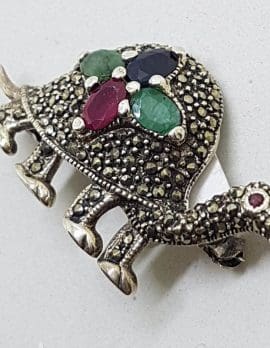 Sterling Silver Marcasite, Emerald, Ruby and Sapphire Turtle Brooch