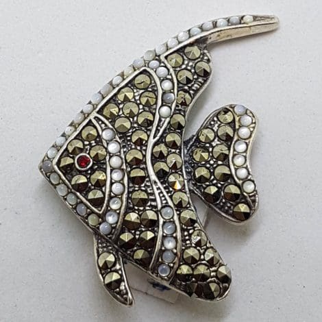 Sterling Silver Marcasite Large Mother of Pearl Fish Brooch