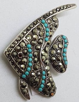 Sterling Silver Marcasite & Blue Large Fish Brooch
