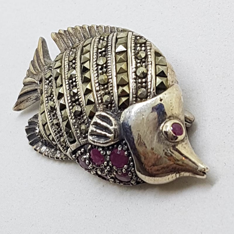 Sterling Silver Marcasite & Ruby Fish Brooch