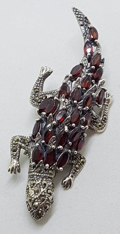 Sterling Silver Marcasite and Garnet Large Brooch - Lizard