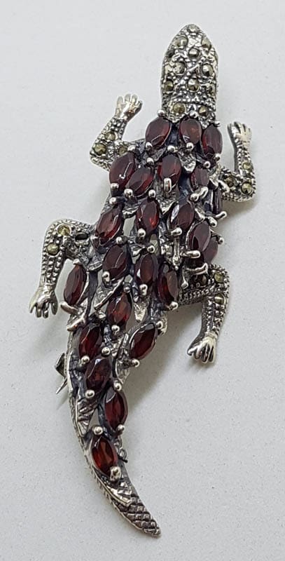 Sterling Silver Marcasite and Garnet Large Brooch - Lizard