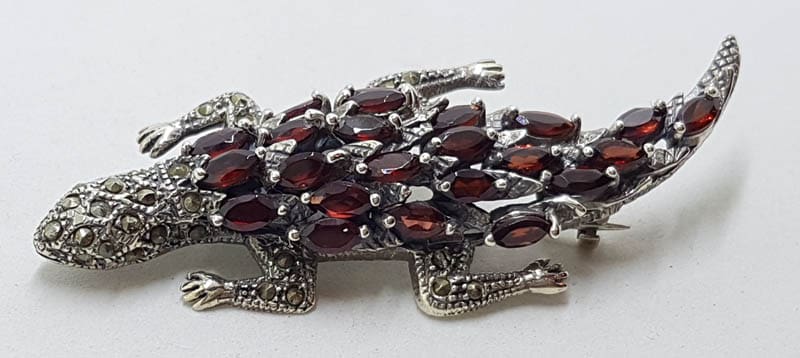 Sterling Silver Marcasite and Garnet Large Brooch - Lizard