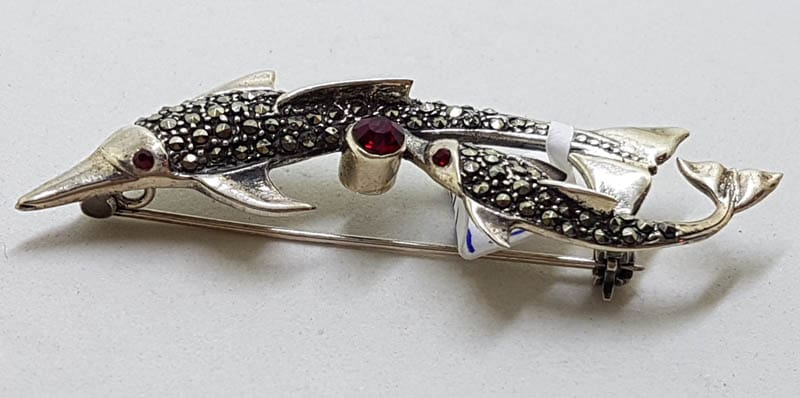 20210720_230918 Sterling Silver Marcasite & Red Dolphin / Fish Brooch