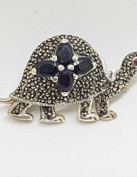 Sterling Silver Marcasite and Sapphire Turtle Brooch