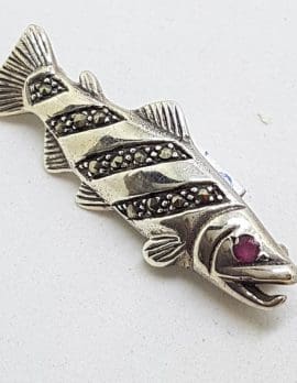 Sterling Silver Marcasite & Ruby Fish Brooch
